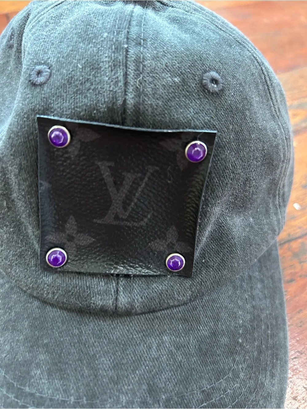 Upcycled distressed Louis Vuitton gray baseball cap Monogram Patch